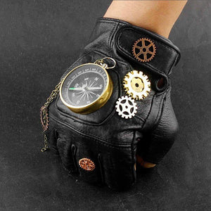 Steampunk Compass Gears Fingerless Real Leather Gloves - Frontier Punk