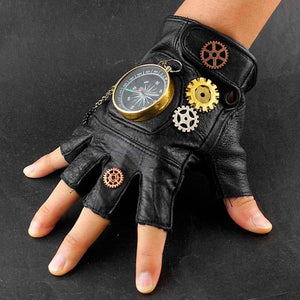 Steampunk Compass Gears Fingerless Real Leather Gloves - Frontier Punk