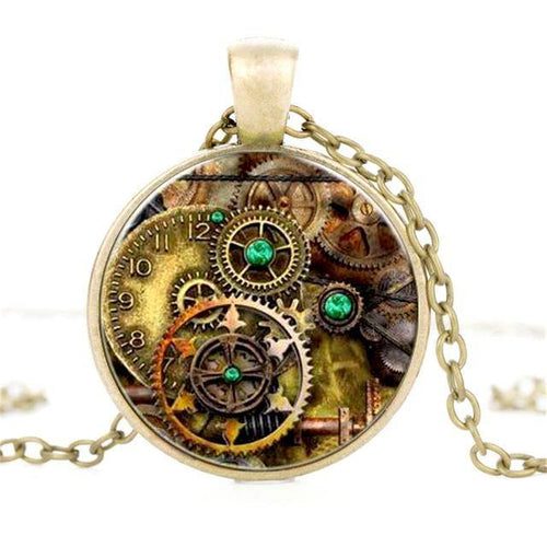 Retro Gears in Crystal Glass Pendant Necklace - Frontier Punk