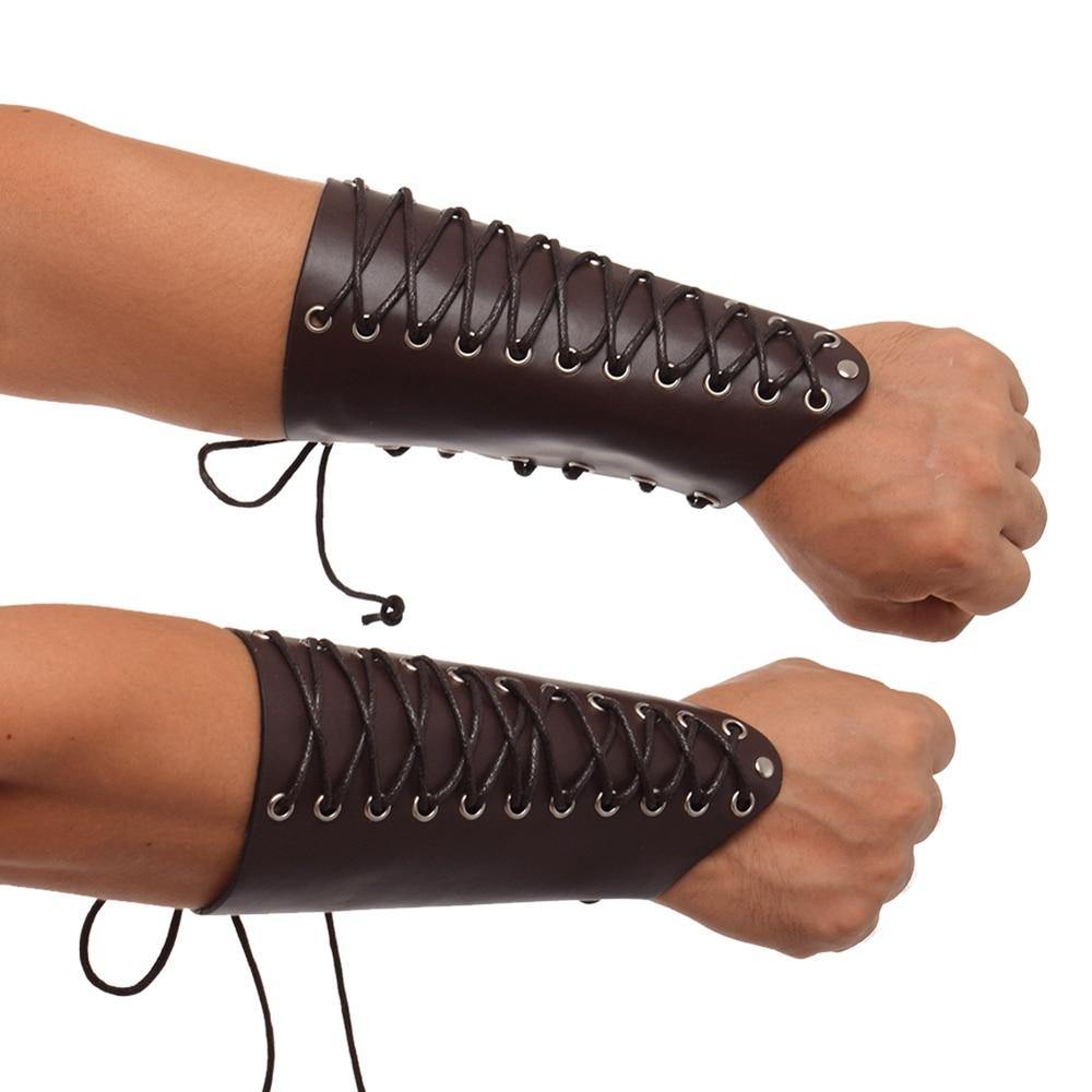 Genuine Leather Lace-up Bracers - Frontier Punk